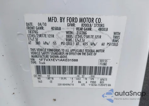 2010 Ford F-150 Xl/Xlt из США, поврежденный, VIN 1FTVX1EV1AKE01588